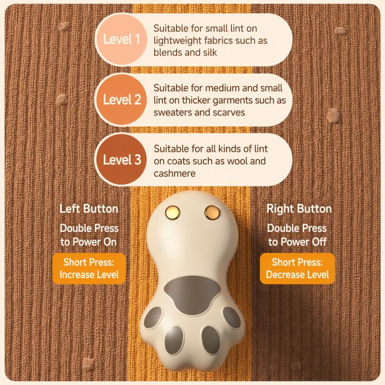 Off-white handheld electric lint remover with cat-paw pawprint design head.