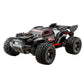 1:18 scale 4WD brushless RC car with black body, red-trim dashboard, and four large tires