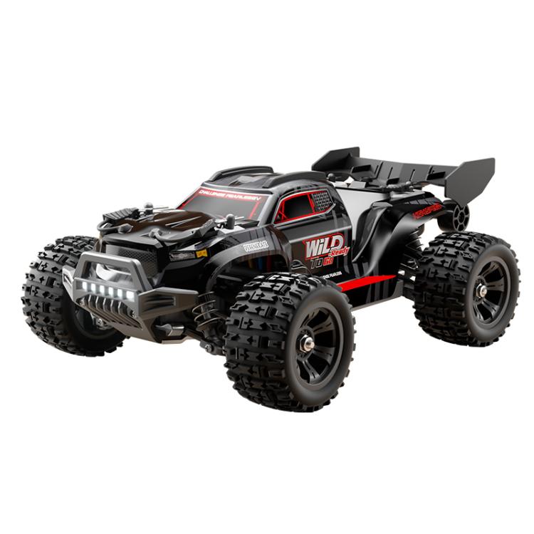 1:18 scale 4WD brushless RC car with black body, red-trim dashboard, and four large tires