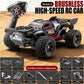 1:18 scale 4WD brushless RC car with black body, red interior window trim, and LED headlight bar