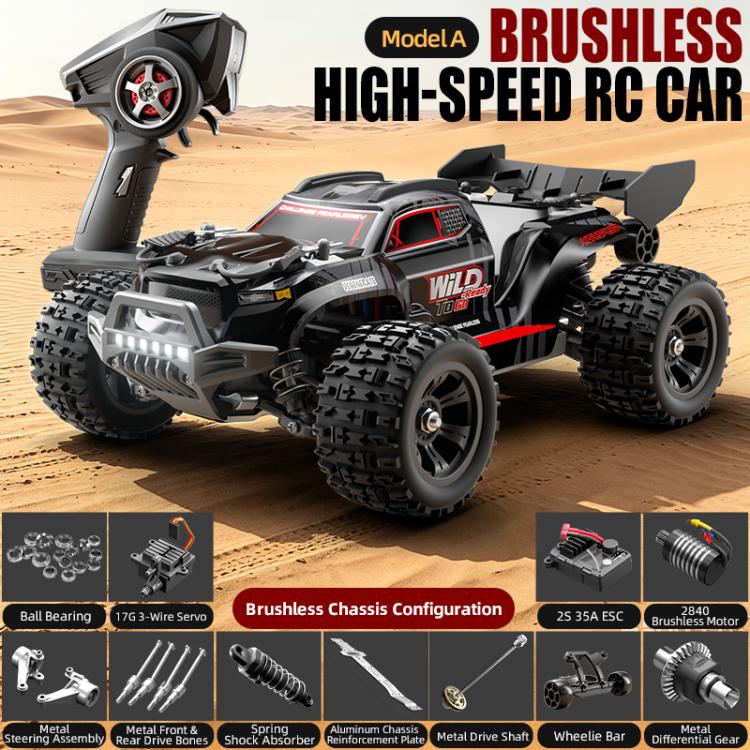 1:18 scale 4WD brushless RC car with black body, red interior window trim, and LED headlight bar