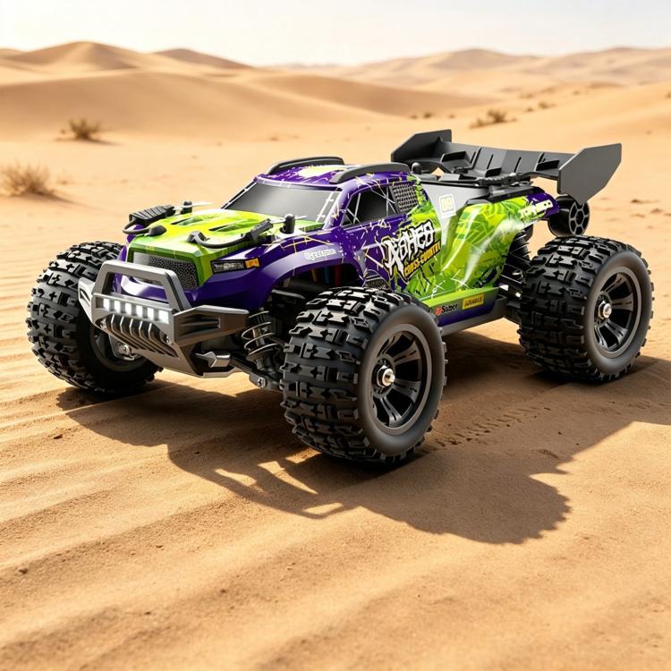1:18 scale 4WD brushless RC car with purple body, neon green graphics, and front LED light bar