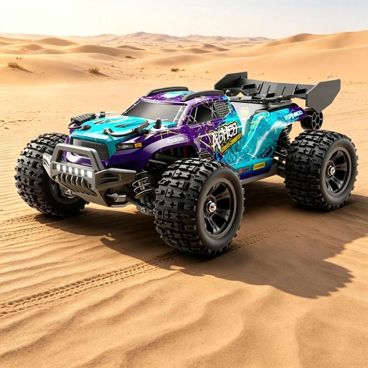 1:18 scale 4WD brushless RC car with purple body and teal neon side graphics, with LED lights