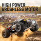 1:18 scale 4WD brushless RC car with black body, orange racing graphics, and dual front headlights