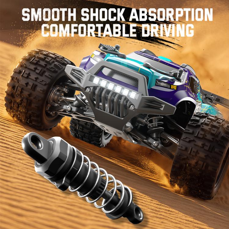 1:18 scale 4WD brushless RC car showing rear suspension springs and black front grille