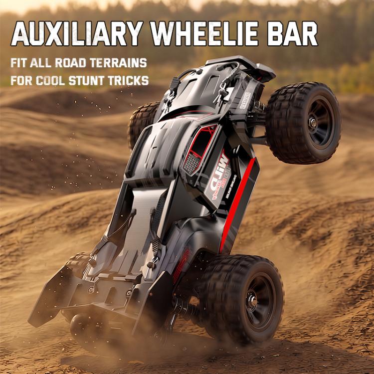1:18 scale black RC truck with red accents, auxiliary wheelie bar, off-road tires