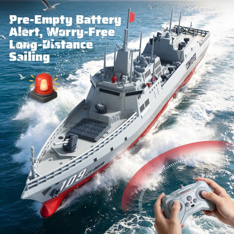 Gray and red water-spray RC battleship with handheld remote control, 2.4GHz model