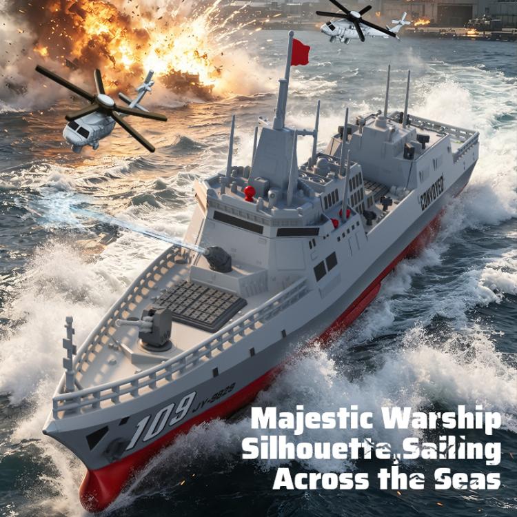 RC destroyer model on choppy water, gray superstructure with red hull accents