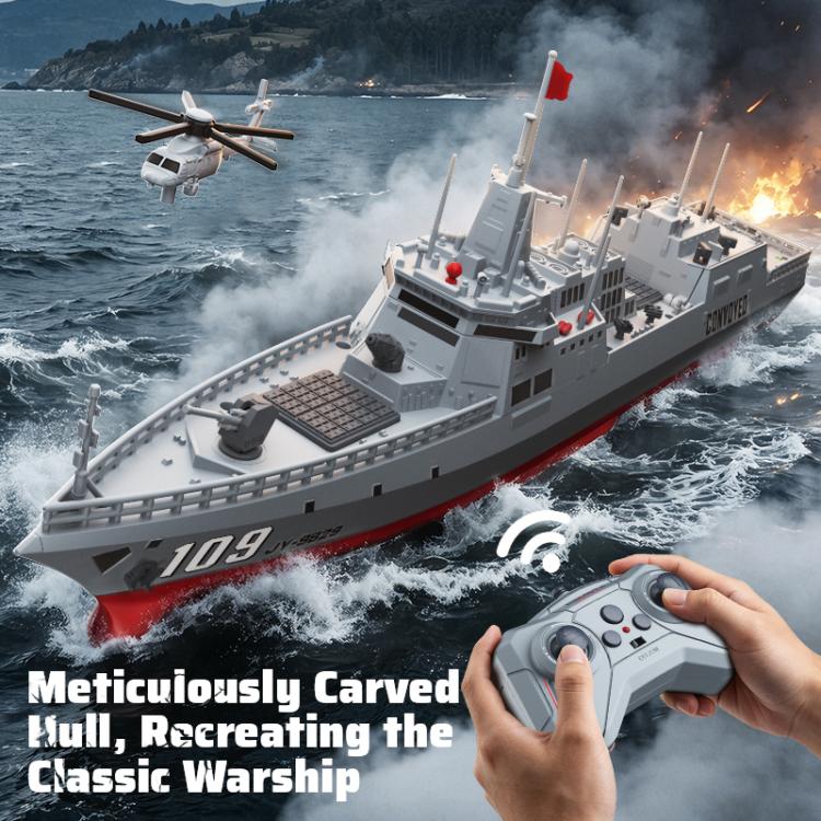 RC destroyer model in ocean waves with remote controller held near bow
