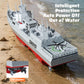 RC destroyer model on shore with gray deck, twin propellers detail inset