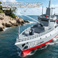 RC destroyer model with water spray jet effect, gray deck and red hull stripe