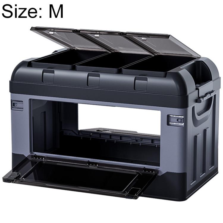 Car storage box size M with hinged lid and side door, dark gray plastic