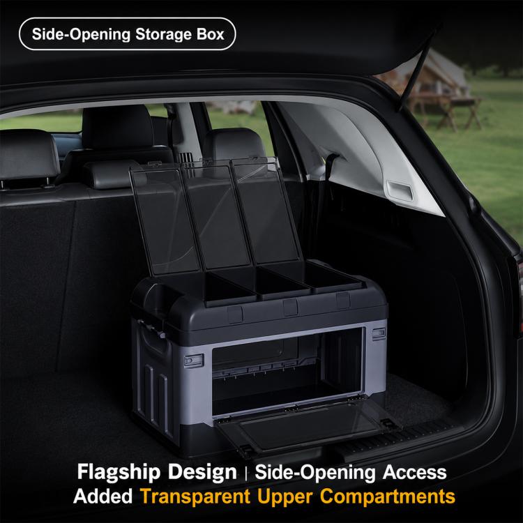 Car storage box in trunk with side-opening access and open interior compartments, dark gray