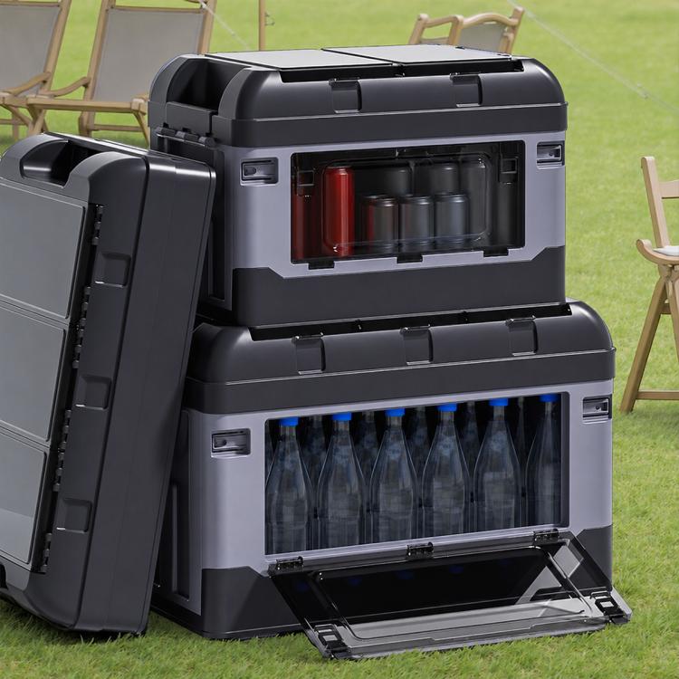 Outdoor camping storage box with side handle and open front compartments, black