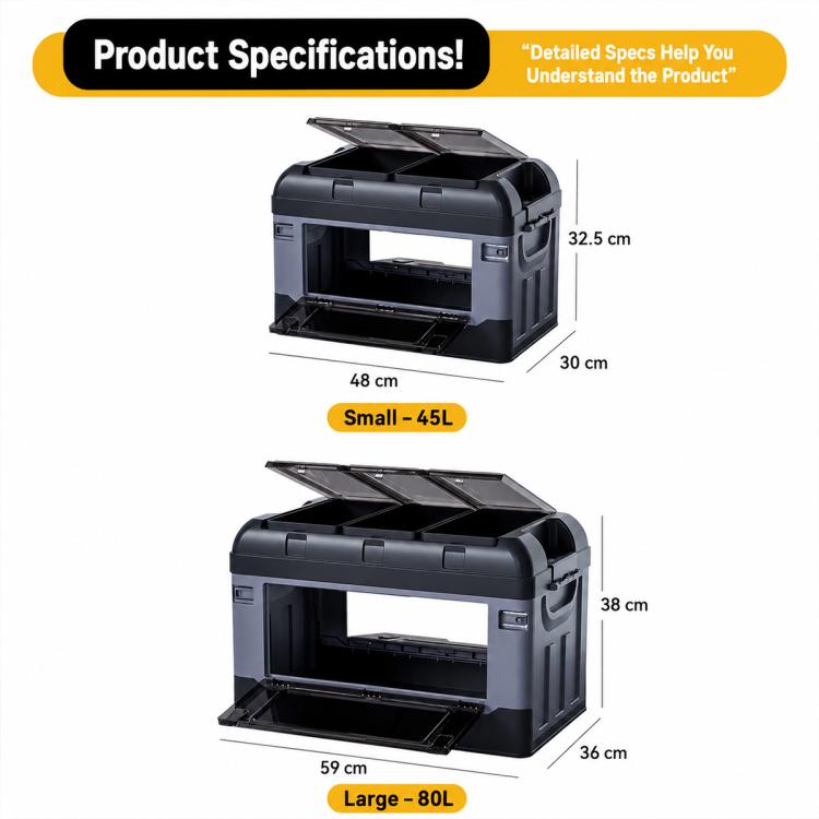 Camping storage box size chart showing 45L and 80L dimensions in cm