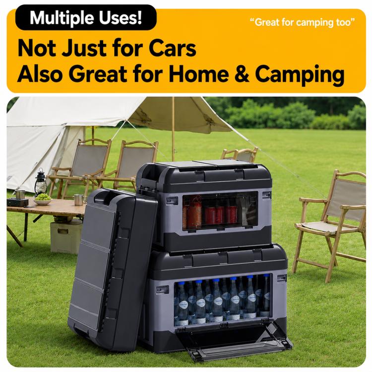Outdoor car storage box with open top and transparent compartment holding bottles, dark gray