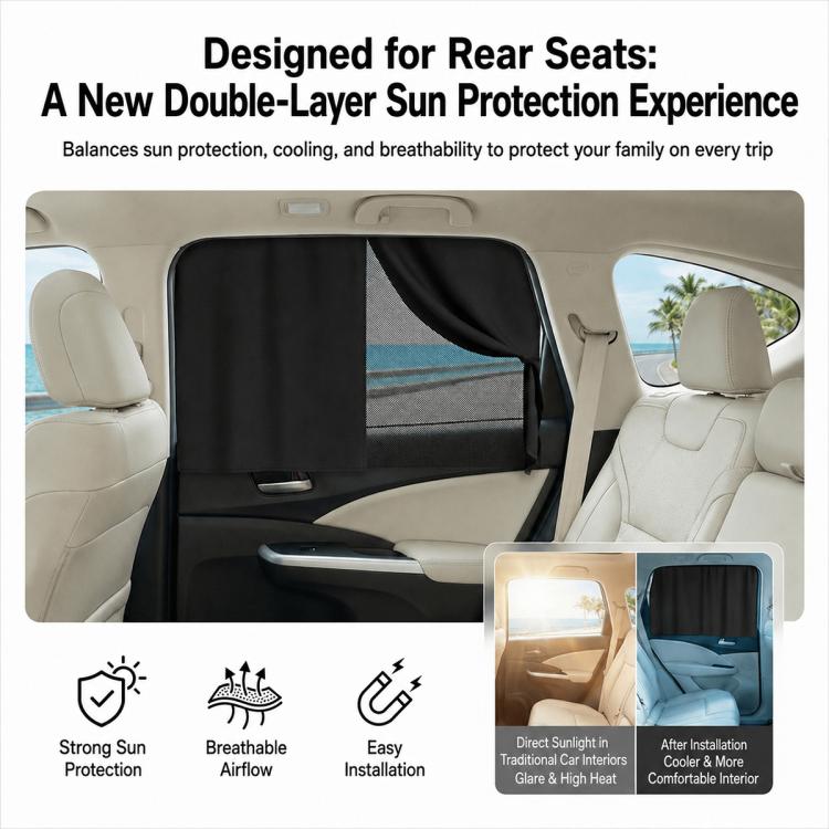 Black rear seat car window privacy curtains with mesh insert for sun protection
