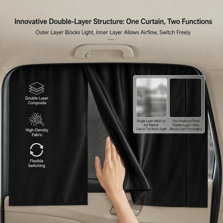 Black double-layer car window shade curtain with outer blackout and inner mesh layer