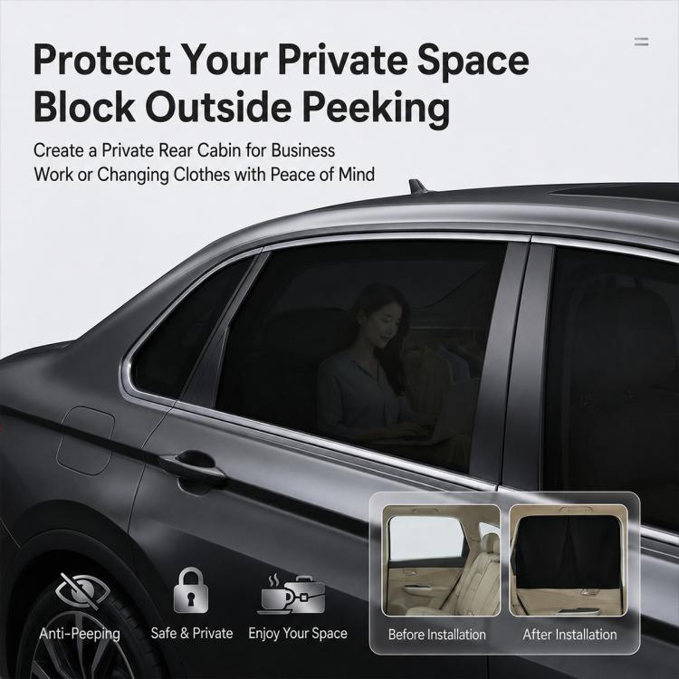 Black privacy rear car window shade curtain covering side glass to reduce peeking
