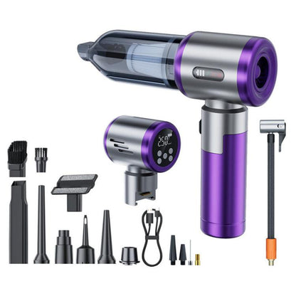 2-in-1 handheld car vacuum and tire inflator, silver and purple body with attachments