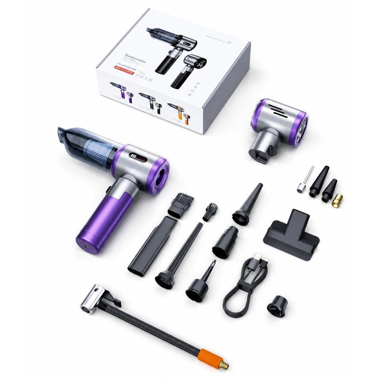 2-in-1 handheld car vacuum and tire inflator kit with silver and purple tools and nozzles