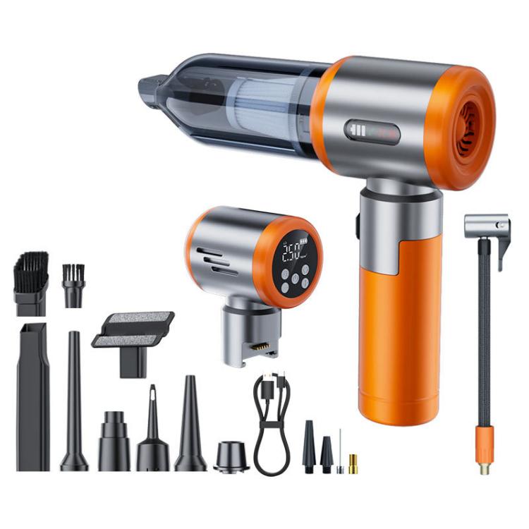 2-in-1 handheld car vacuum and tire inflator, silver and orange handheld unit with gauge