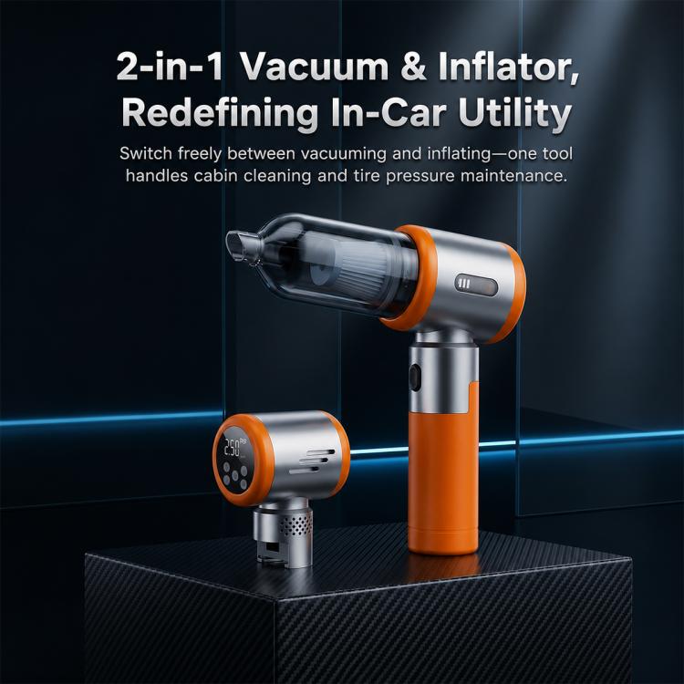 2-in-1 handheld car vacuum and tire inflator, orange and silver with inline gauge display