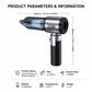 Handheld vacuum air pump combo shown with size and charging information