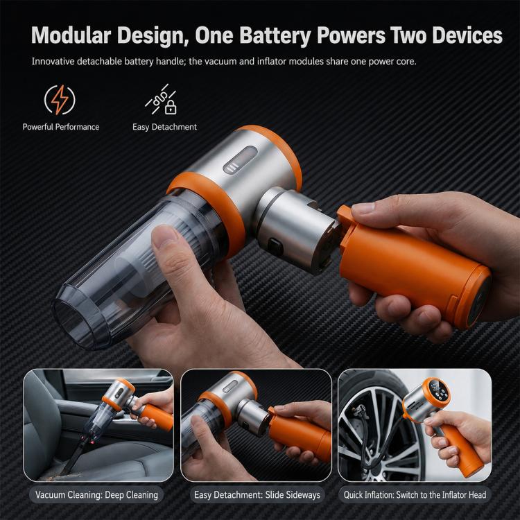 2-in-1 handheld car vacuum and tire inflator, orange detachable vacuum and inflator heads