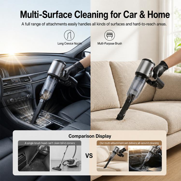 2-in-1 handheld car vacuum and tire inflator with brush and long nozzle attachments