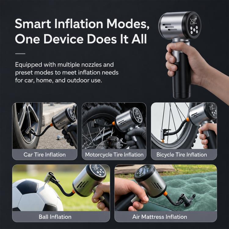 2-in-1 handheld car vacuum and tire inflator with multiple nozzles for inflation modes