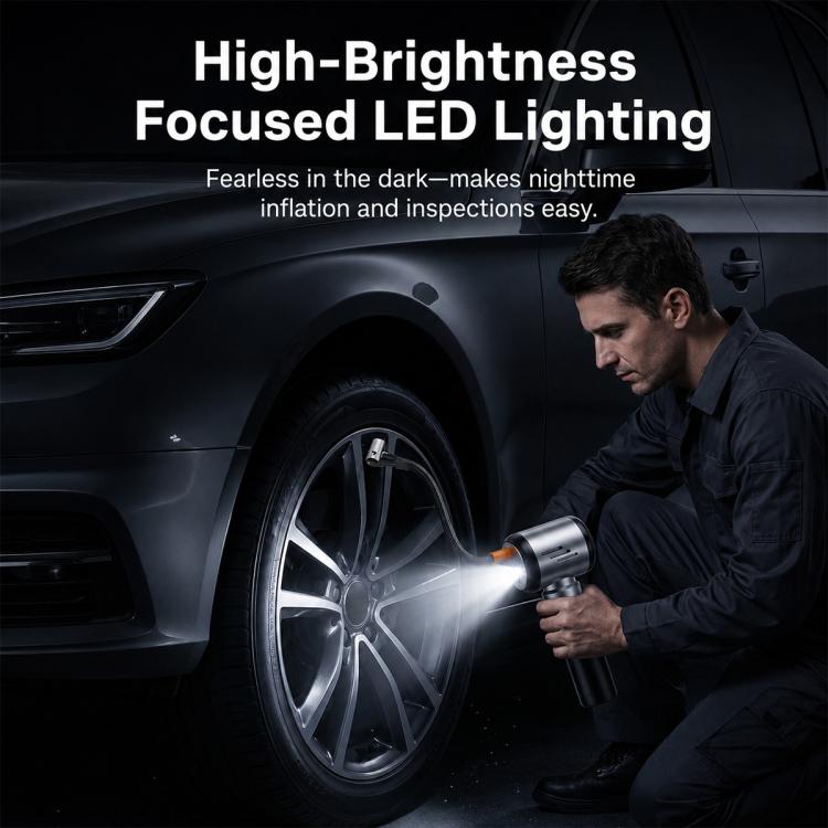 Handheld car vacuum with bright LED nozzle, cleaning a car wheel