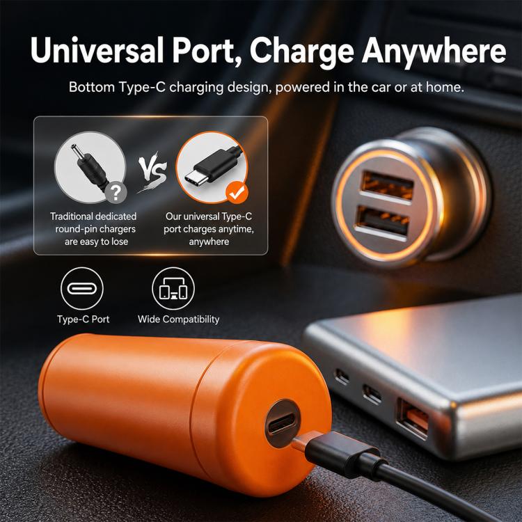 Orange handheld car vacuum with Type-C charging port and cable