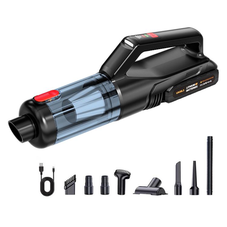Handheld car vacuum cleaner, black with transparent dust canister and red switch
