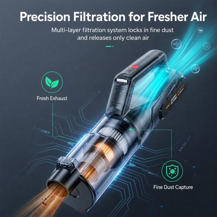 Handheld vacuum cleaner with translucent dust canister and blue airflow effect