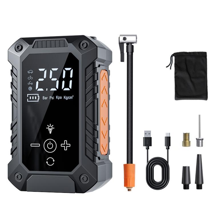 Electric tire inflator kit with orange nozzle, air hoses, nozzles, and carry bag