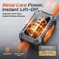 Electric air inflator with orange body panel and visible motor inside transparent housing