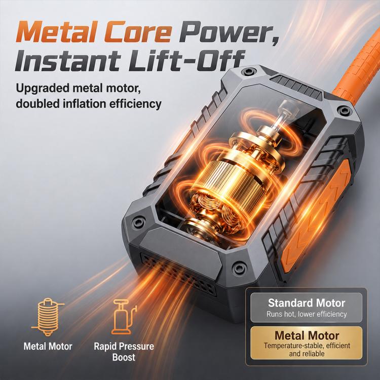 Electric air inflator with orange body panel and visible motor inside transparent housing