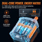 Electric tire inflator showing dual battery power with transparent internal battery pack