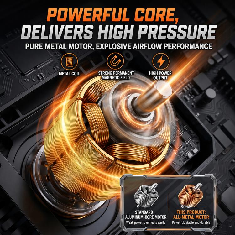 Electric tire inflator with internal metal motor coil shown in cutaway view