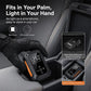 Compact electric tire inflator held in a hand next to car seat