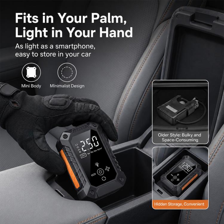 Compact electric tire inflator held in a hand next to car seat