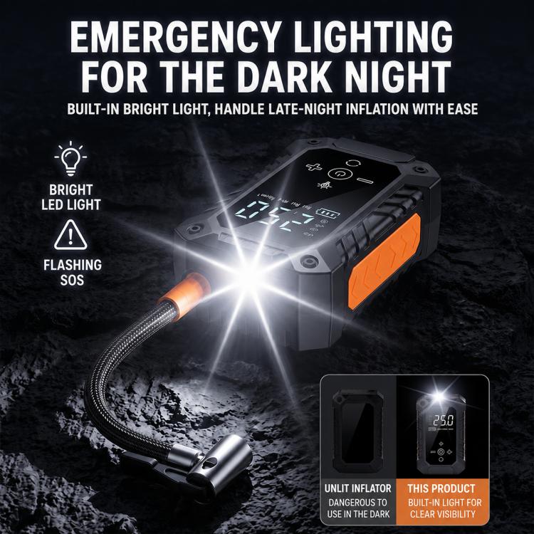 Electric tire inflator with bright built-in LED light and attached air hose