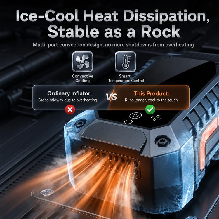 Electric tire inflator with cooling vents, showing heat dissipation design cutaway