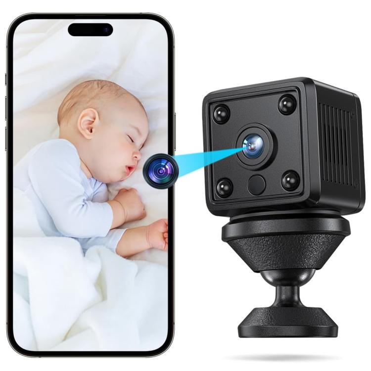 Black mini cube Wi‑Fi security camera with front lens and side LED indicators