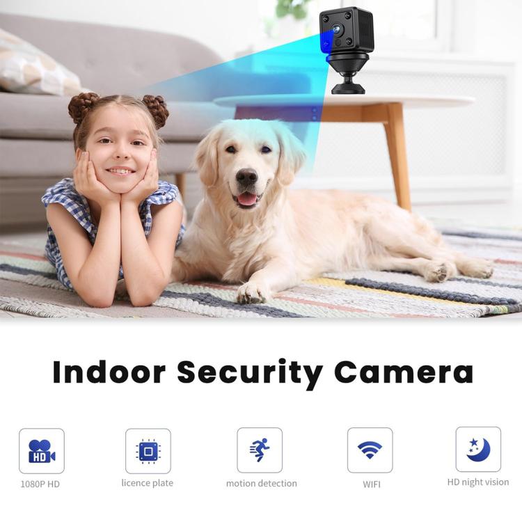 Black mini Wi‑Fi security camera mounted on a small desk stand