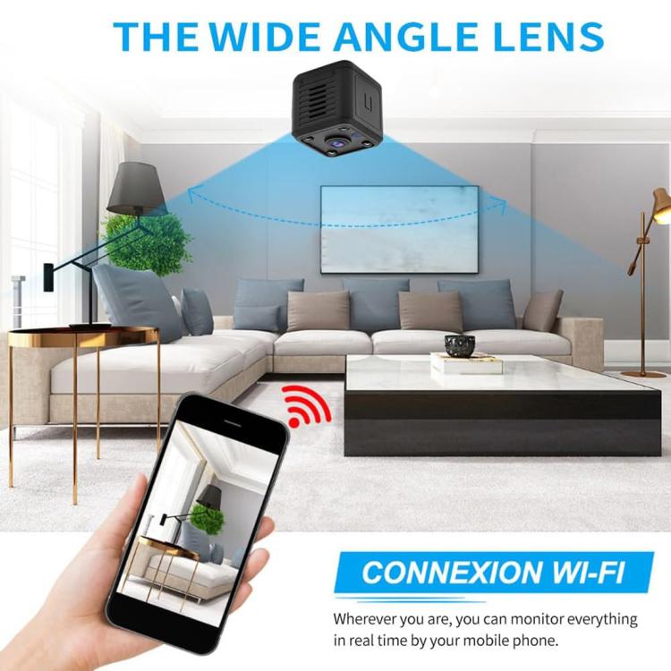 Black mini cube Wi‑Fi camera with wide-angle lens aimed toward a room