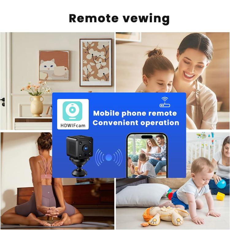 Black mini Wi‑Fi camera for remote viewing with smartphone interface