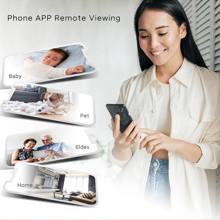 Black mini cube Wi‑Fi camera shown with phone app remote viewing