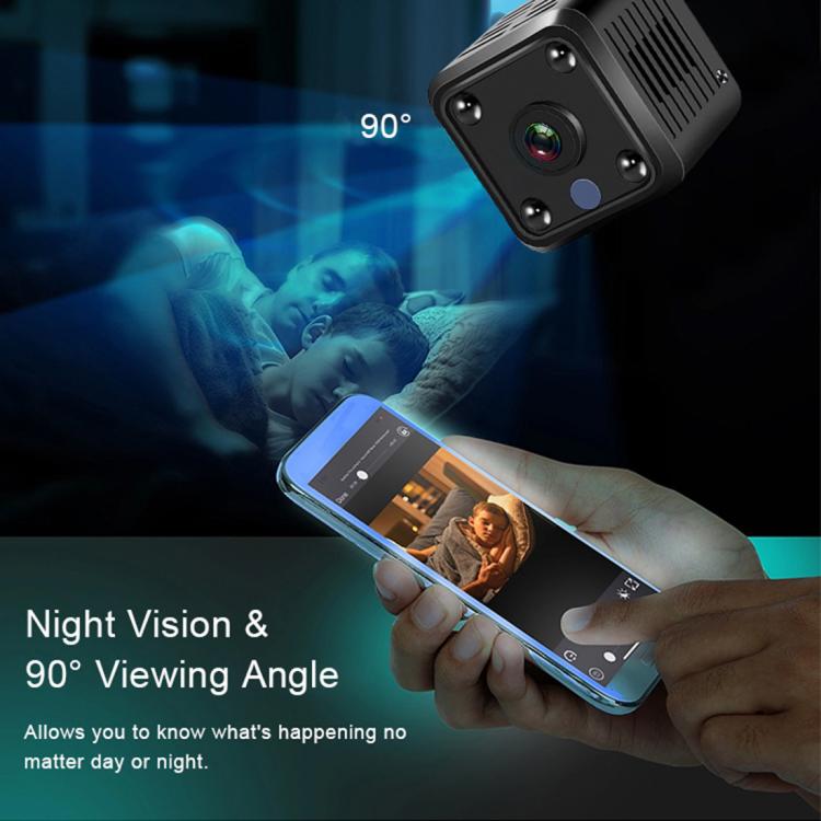 Black mini cube Wi‑Fi camera highlighting 90° night vision viewing angle